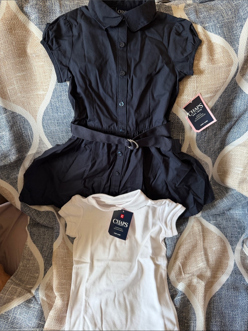 Chaps Blue Button-Front Belted Dress with White Crew Tee Set